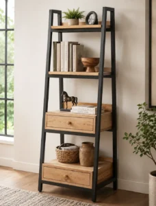 4-Tier Ladder Bookshelf | Wooden Ladder Book Shelf with Drawers