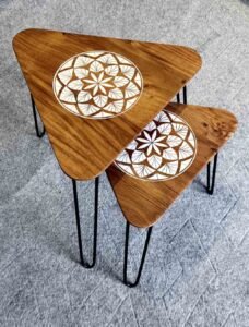 Carved & Epoxy White Triangle Nesting Tables 2 pcs with Hairpin Legs