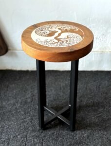 Artisan Carving with White Epoxy Round Side Table | Solid Acacia Wood