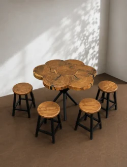 Flower Shape Solid Wood Dining Set with Stools (4-Person)