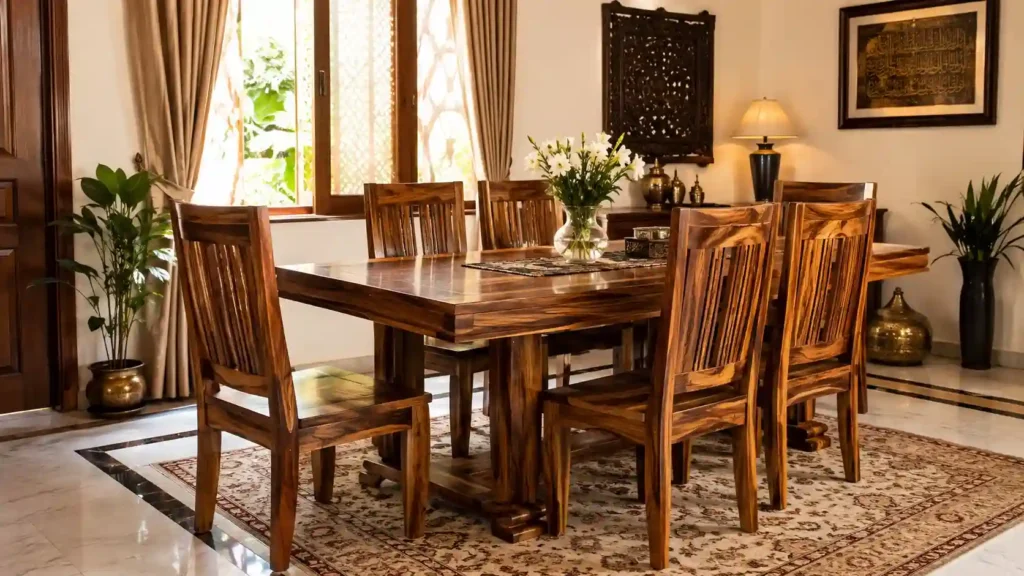 wooden dining table with six solid wood dining chairs
