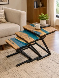 Epoxy Z Shape Acacia Wood Nesting Table Set of 3