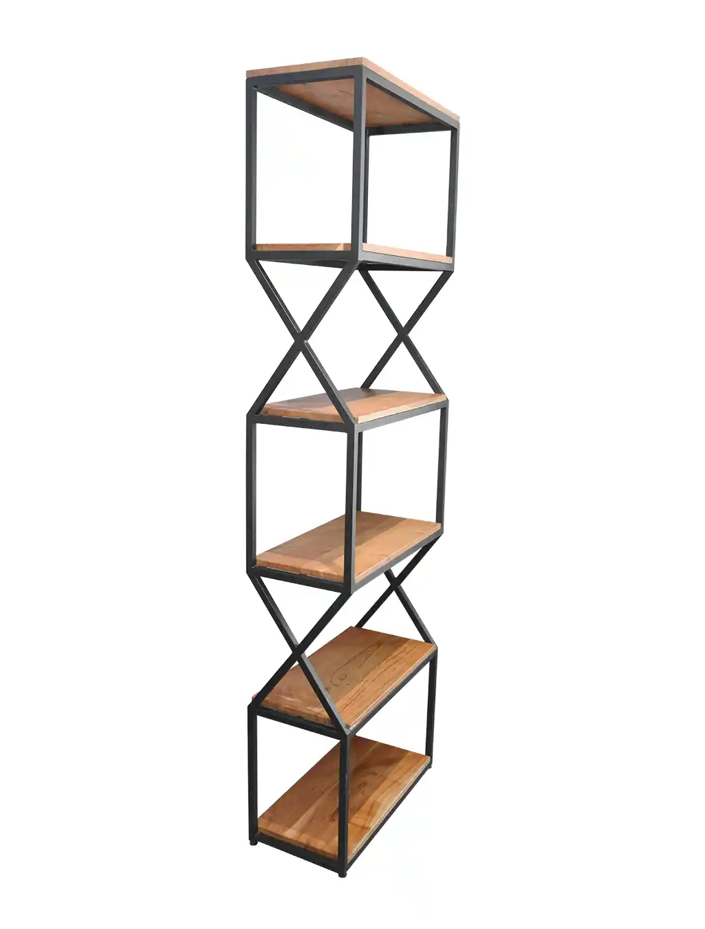 Freestanding wooden shelf with black metal frame