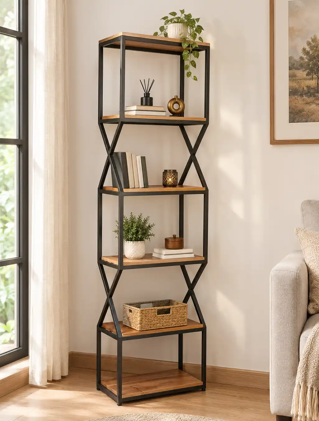 Metal shelf with acacia wood