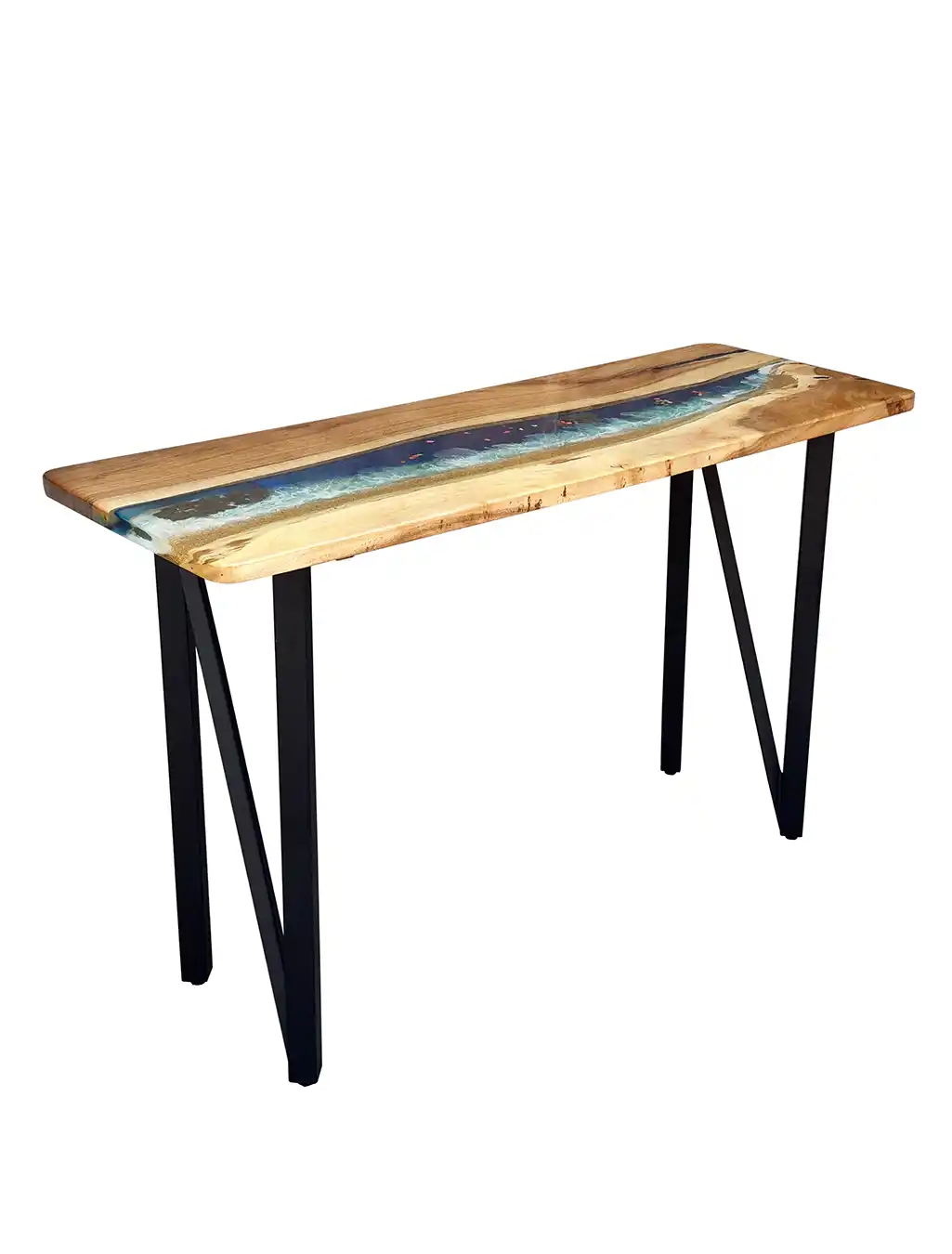 Ocean blue epoxy console table with black metal legs