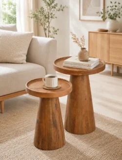 Round acacia wood side table
