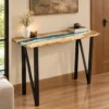 Solid acacia wood console table with ocean blue epoxy