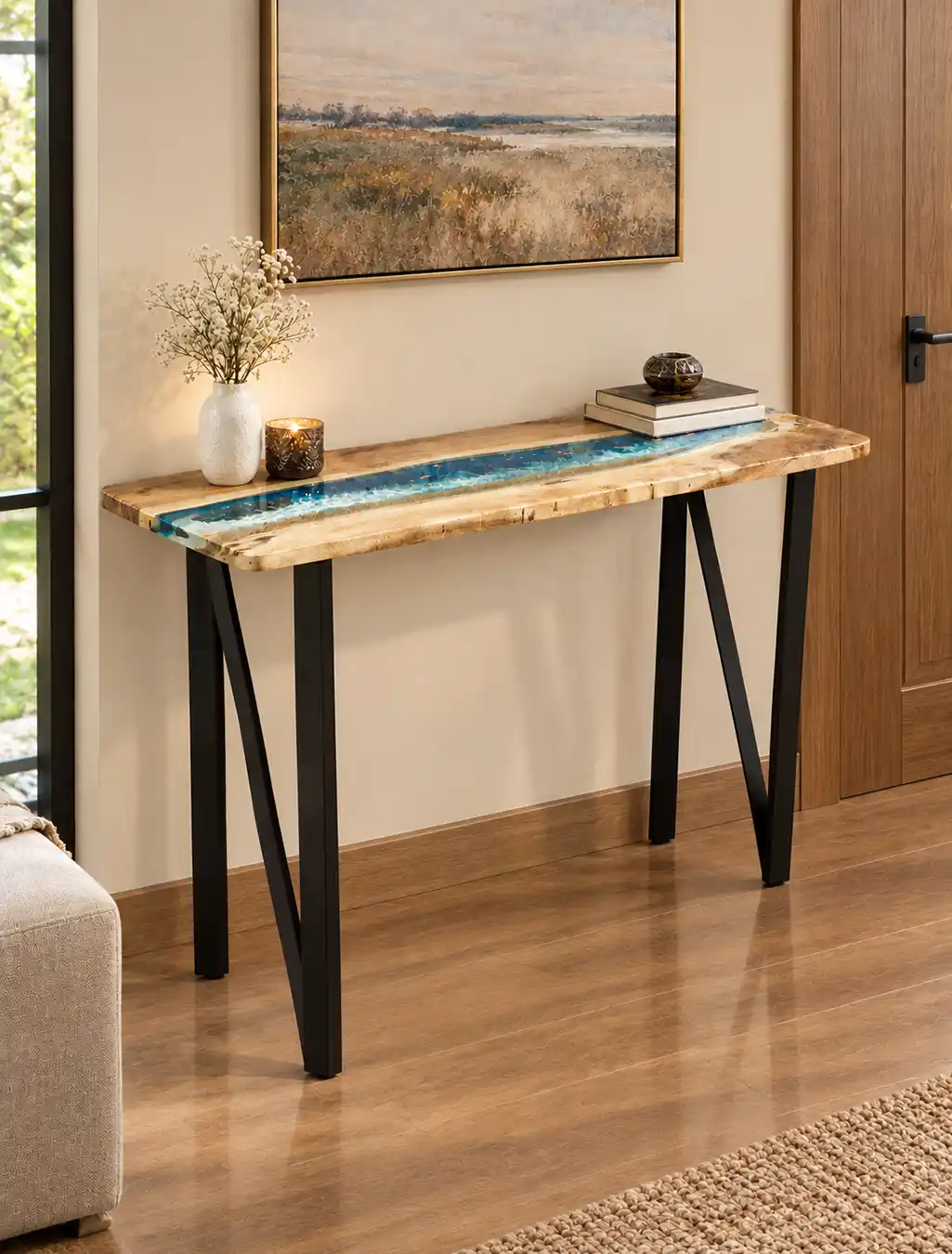 Solid acacia wood console table with ocean blue epoxy