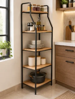 Solid mango wood kitchen rack with black metal frame
