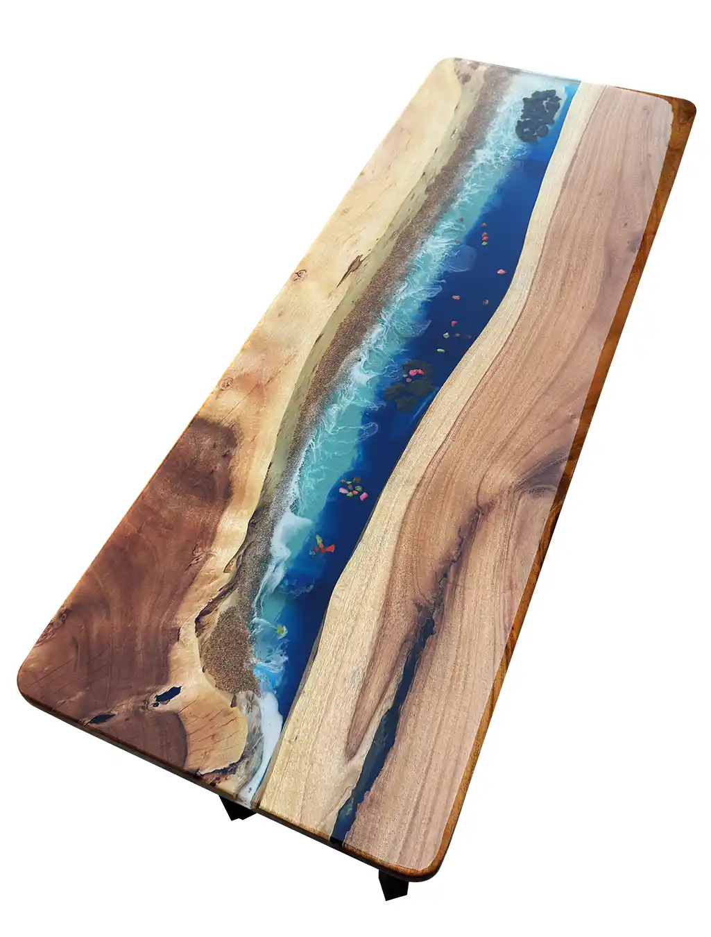 Wooden console table with ocean blue epoxy