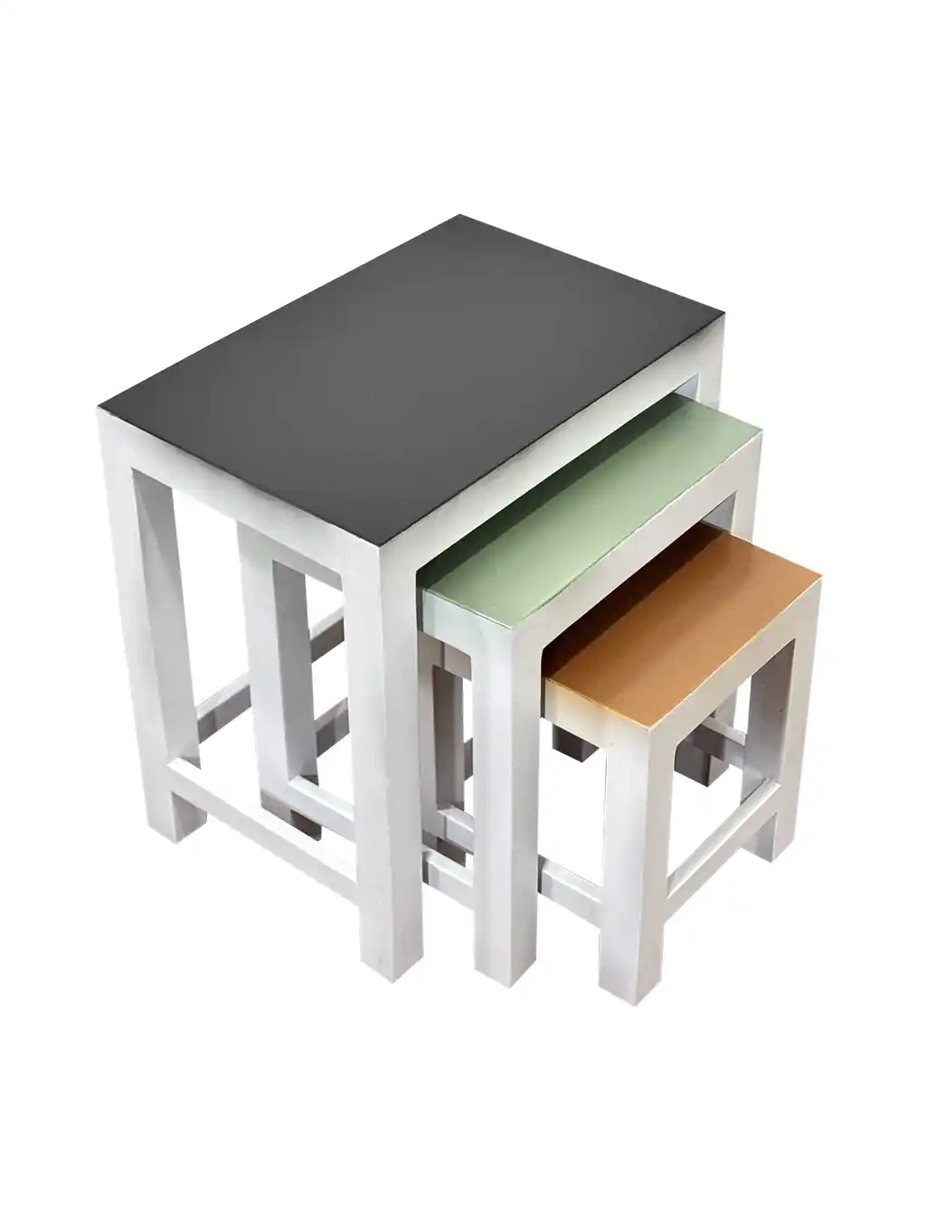 Modern nesting table set of 3 with black, green and orange-brown tops and white frames